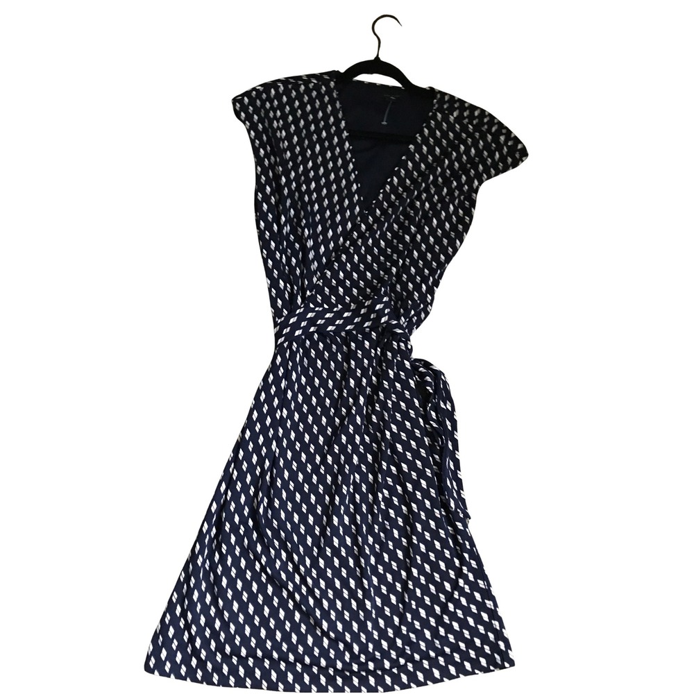 Ann Taylor Navy Blue White Geometric Diamond Print Wrap Dress Cap Sleeve Size 4